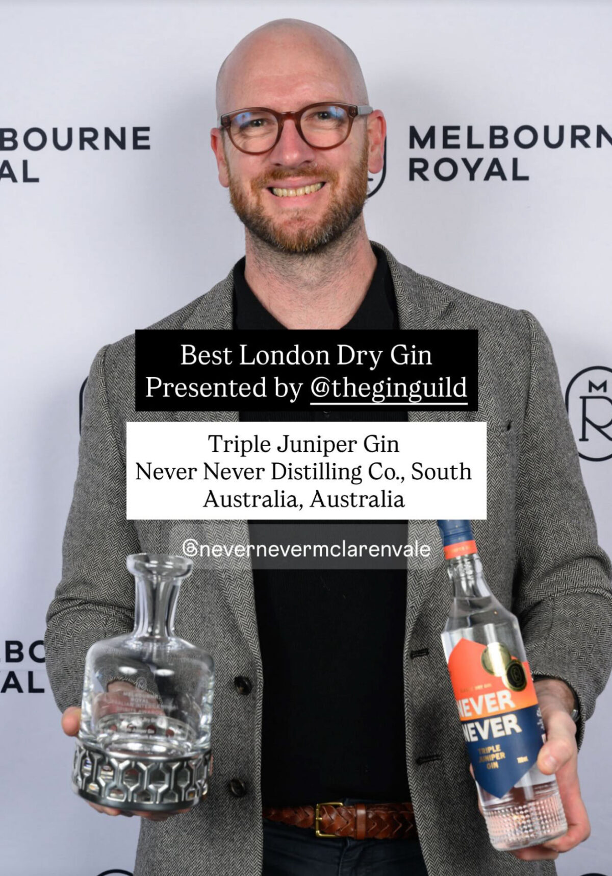 Tim from Never Never Distilling with the Melbourne Royal London Dry Gin of the Year award 2026 sponsored by the Gin Guild